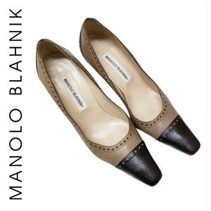 Manolo Blahnik | Two Tone Brown Square Toe Heels